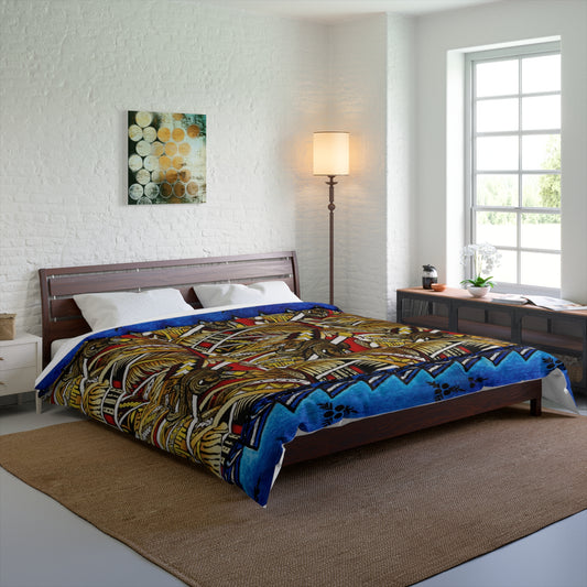 The Ultimate Comfort Doona Blanket with a Tapa Design and with a blue edged Tapa Design